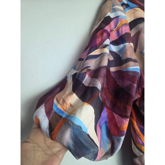 Chico's Blue Purple Cream Abstract Print 100% Cotton Bubble Hem Blouse  4/US XXL - Picture 2 of 5